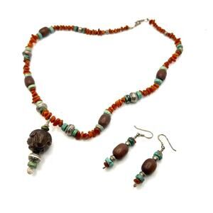 Vintage 90s Artisanal Carved Ram Turquoise Carnelian Beaded Necklace Earring Set